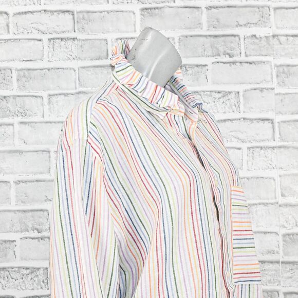 BANZO Women's 100% Linen Antique Ruffle Collar Boxy Shirt Striped multi sz XL - Picture 11 of 11